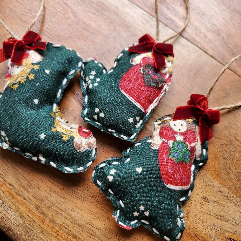 Handmade handsewn Christmas Fabric Ornaments Set Of 3 - Picture 3 of 6